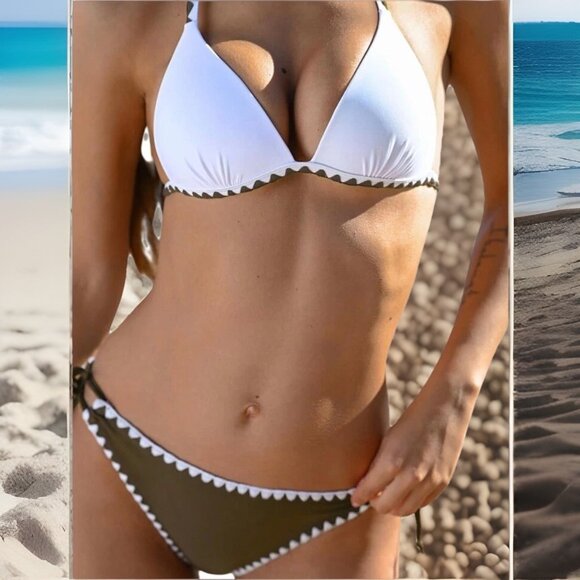 Cupshe Women 2 Piece Bikini XS Brown & White Whipstich Halter Plunging Neck Tie - Picture 1 of 9